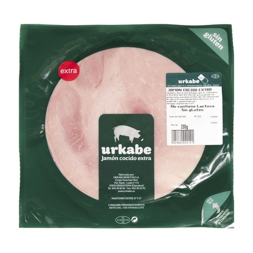 URKABE Jamón cocido extra, sin gluten y sin lactosa, cortado en lonchs URKABE 200 g.