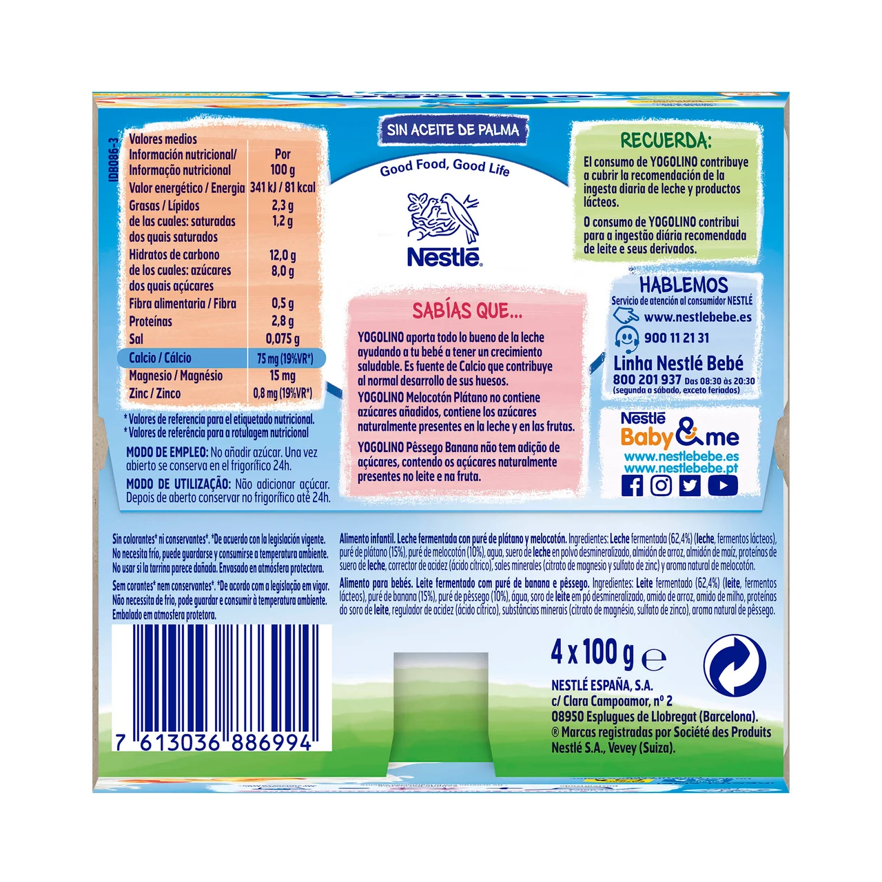 YOGOLINO Postre lácteo de melocotón y plátano, adaptado para bebés a partir de 6 meses YOGOLINO de Nestlé 4 x 100 g.