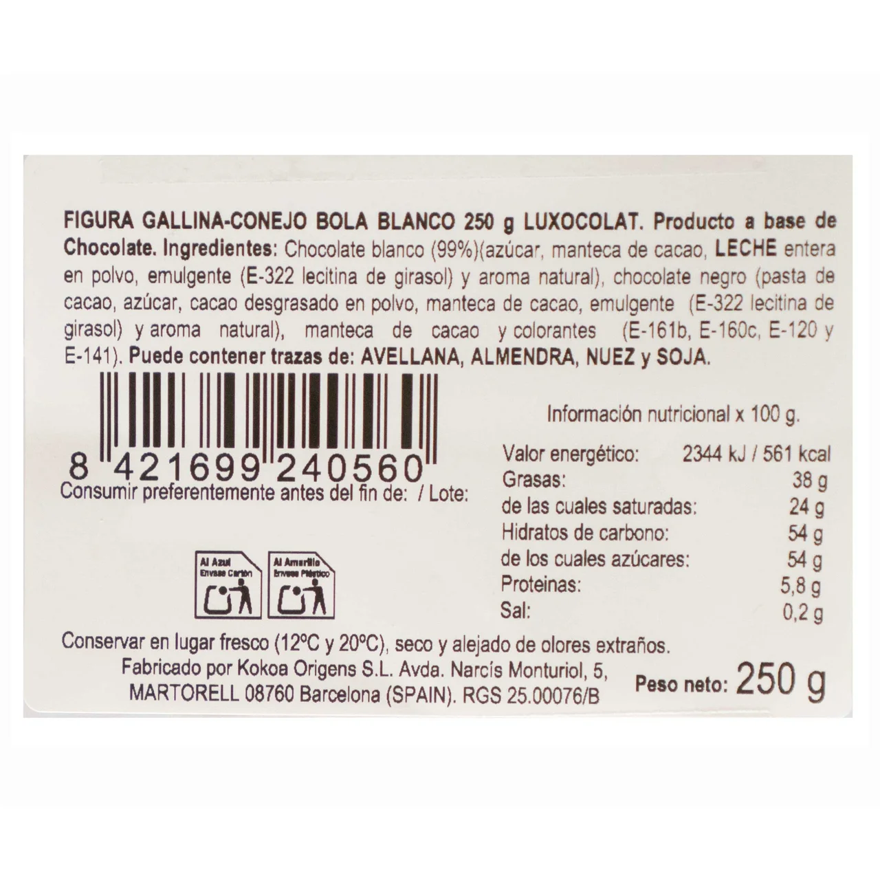 Gallina de Pascua de chocolate blanco 250 g.