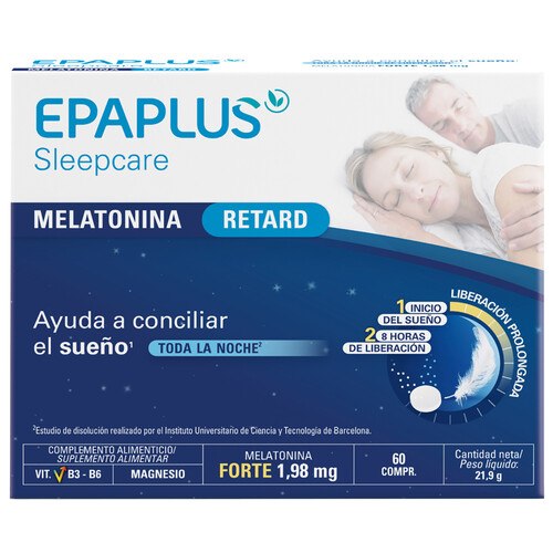 Complemento alimenticio a base de Melatonina, magnesio y vitaminas B3 y B6 EPAPLUS Sleepcare 60 uds.