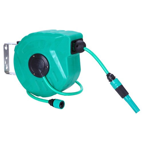 Manguera de 12 metros con sistema autoenrollable y soporte de ABS para su fijación en pared TRESGODAR 1 unidad.