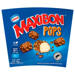 MAXIBON Pops Helado de vainilla recubierto de chocolate y arroz inflado 8 x 10 ml.