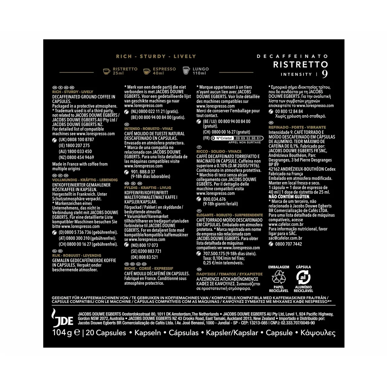 L"OR ESPRESSO Café en cápsulas Descafeinado Ristretto I9, 20 uds.