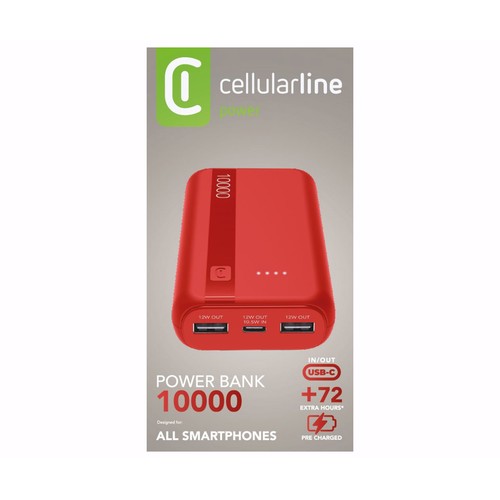 Batería portátil CELLULAR LINE PBENTRYCOL, 2 usb-a, 1 usb-c, 10000 mAh, color rojo