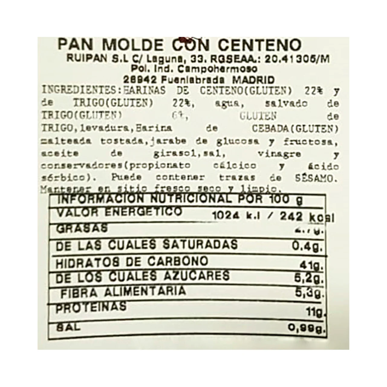 Pan de molde integral con centeno y corteza 400 g.