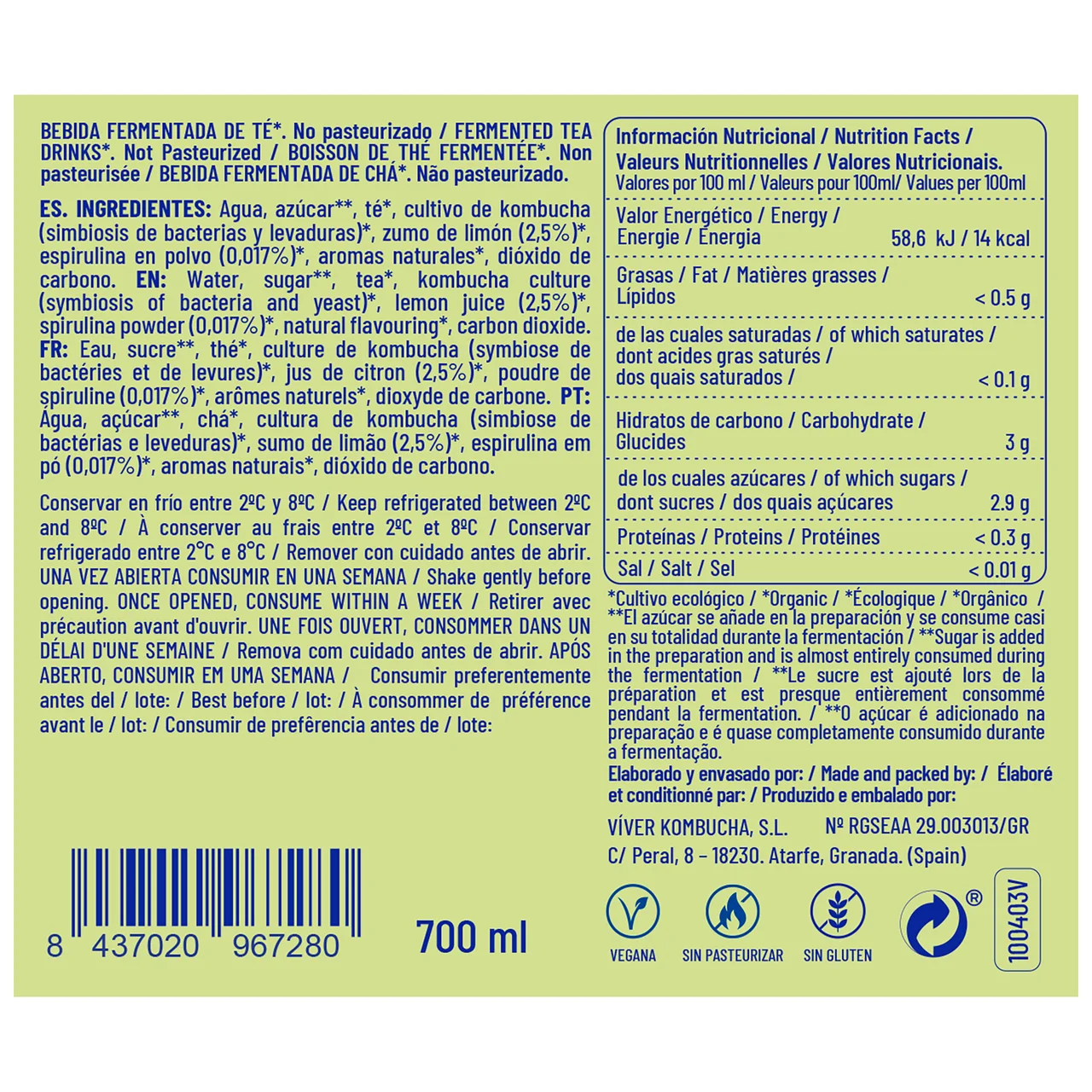 VIVER Bebida fermentada de té (kombucha)  ecológica sabor a limón y espirulina 700 ml.
