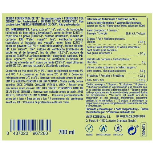 VIVER Bebida fermentada de té (kombucha)  ecológica sabor a limón y espirulina 700 ml.