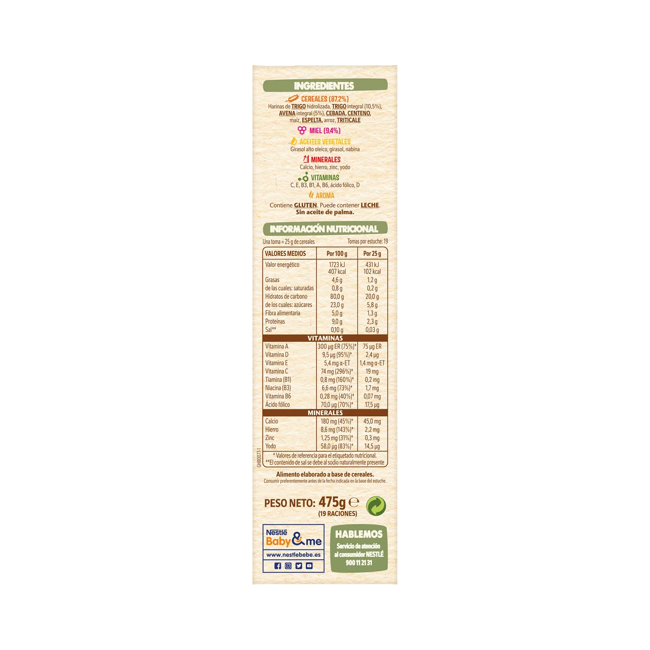 Papilla de 8 cereales con miel a partir de 6 meses 475 g.