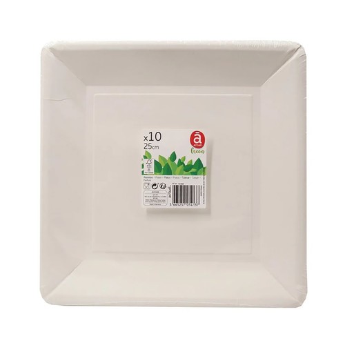 Set de 10 platos desechables fabricados en cartón color blanco, 25x25cm. ACTUEL.