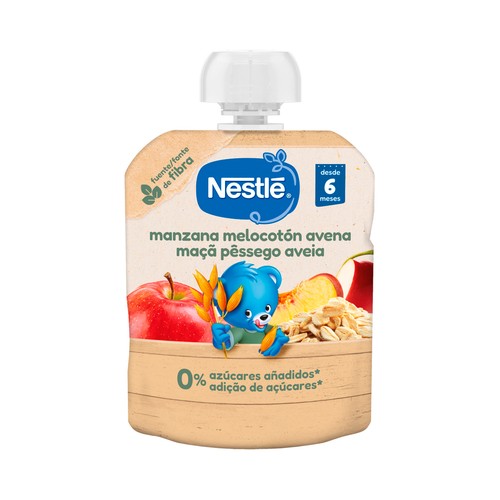 NESTLÉ Bolsita (pouch) de fruta (manzana y melocotón) y avena, a partir de 6 meses 90 g.