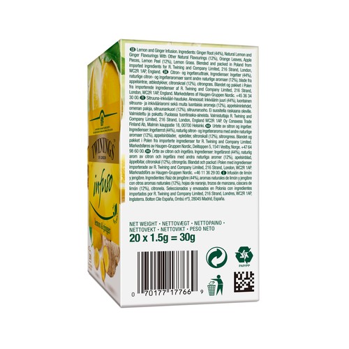 TWININGS Infusión de limón y jengibre 20 uds. de 1,5 g.