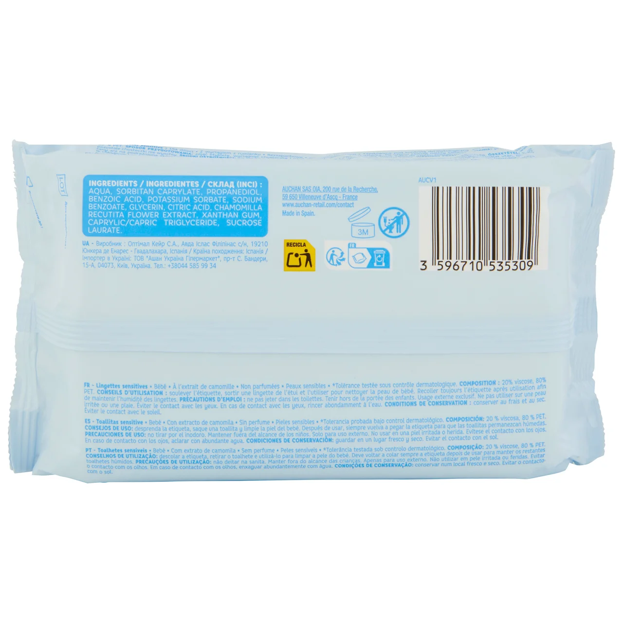 PRODUCTO ALCAMPO Baby Toallitas húmedas para bebé con camomila, para pieles sensibles 3 x 64 uds.