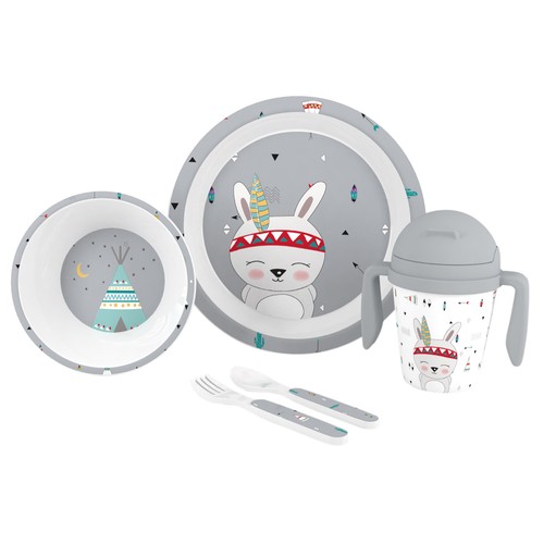 Vajilla de 5 piezas para bebé, apta para el microondas, INTERBABY Grey indie.