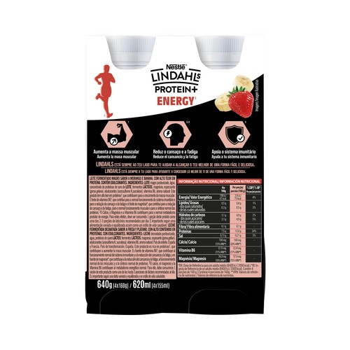 LINDAHLS Protein+ Energy Bebida láctea proteica sabor fresa y plátano 4 x 160 ml.