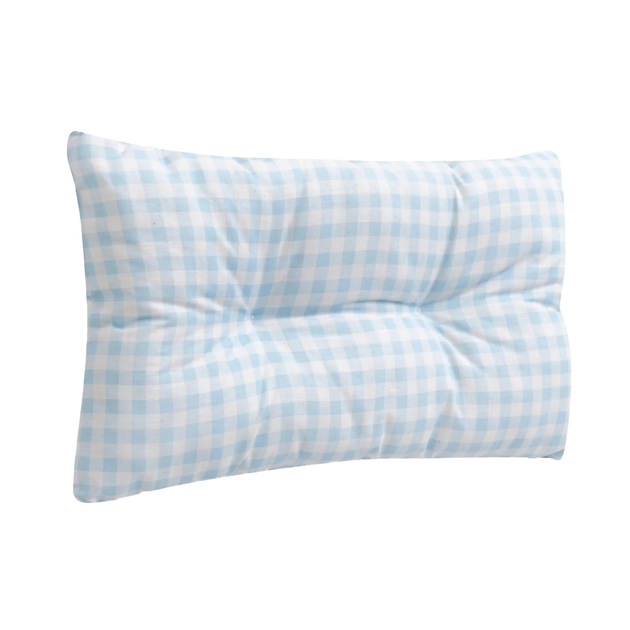 Cojín rectangular diseño de cuadros azul y blanco.