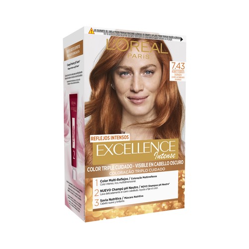 L´ORÉAL PARIS Excellence intense Tinte de pelo permanente tono 7.43 Rubio cobrizo dorado.