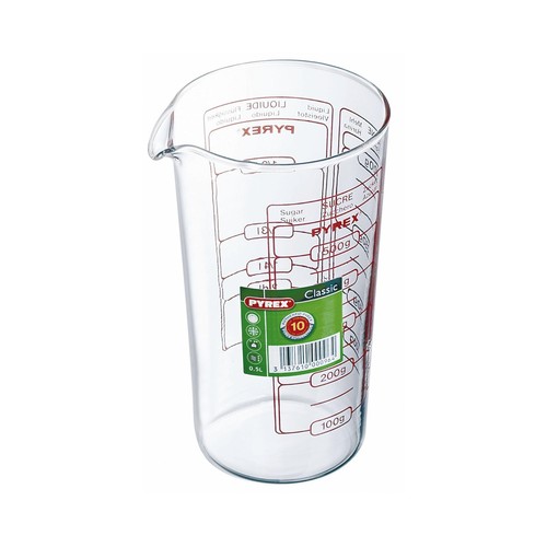 Vaso medidor con capacidad de 0,5 litros, gran resistencia. Apto para horno, y lavavajillas PYREX.