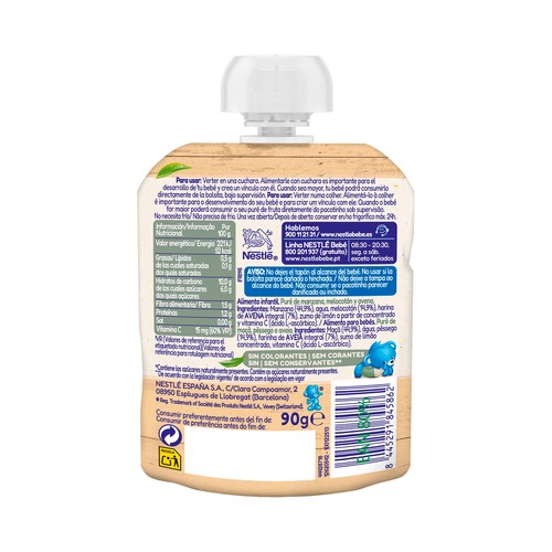 NESTLÉ Bolsita (pouch) de fruta (manzana y melocotón) y avena, a partir de 6 meses 90 g.