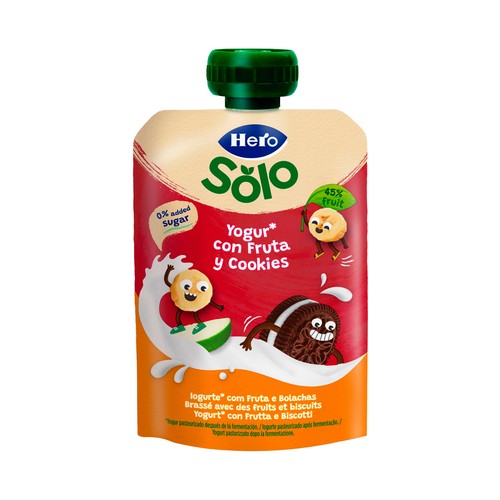 HERO Solo Bolsita de yogur líquido con zumo de frutas y cookies, a partir de 6 meses 100 g.