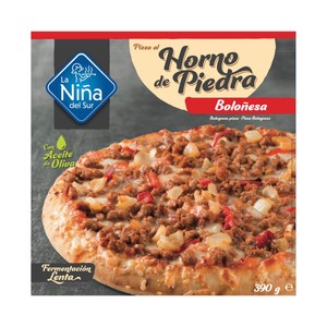 Imagen de LA NIÑA DEL SUR Pizza Boloñesa (vacuno, salsa de tomate, Edam y Mozzarella) hecha al horno de piedra 390 g.