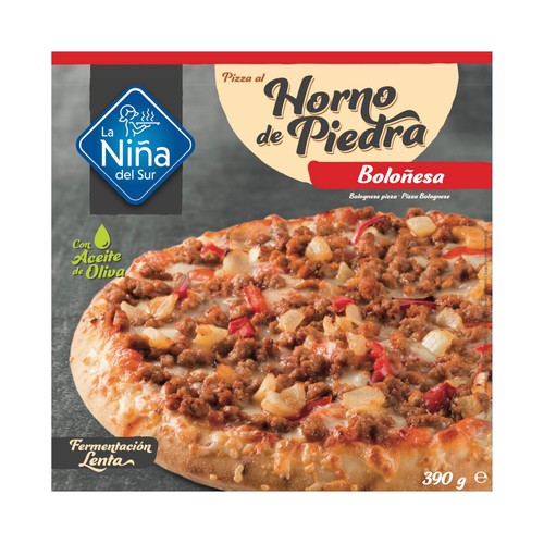 LA NIÑA DEL SUR Pizza Boloñesa (vacuno, salsa de tomate, Edam y Mozzarella) hecha al horno de piedra 390 g.