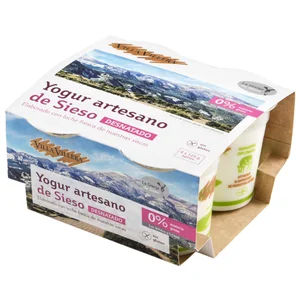 VILLA VILLERA Yogur artesano de Sieso, desnatado 0% materia grasa, natural y sin gluten 4 x 125 g.