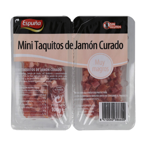 Jamón curado sin gluten en mini - taquitos ESPUÑA 2 x 50 g.