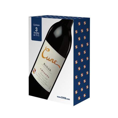 Vino tinto crianza con denominación de origen Rioja CUNE estuche de 3 botellas de 75 centilitros