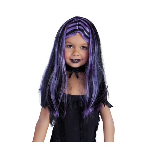 Peluca infantil color negro con mechas lilas para disfraz de bruja, Halloween HAUNTED HOUSE 1 unidad.