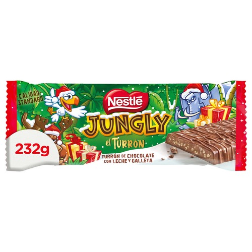 NESTLÉ JUNGLY Turrón de chocolate con leche y galleta 232 g.