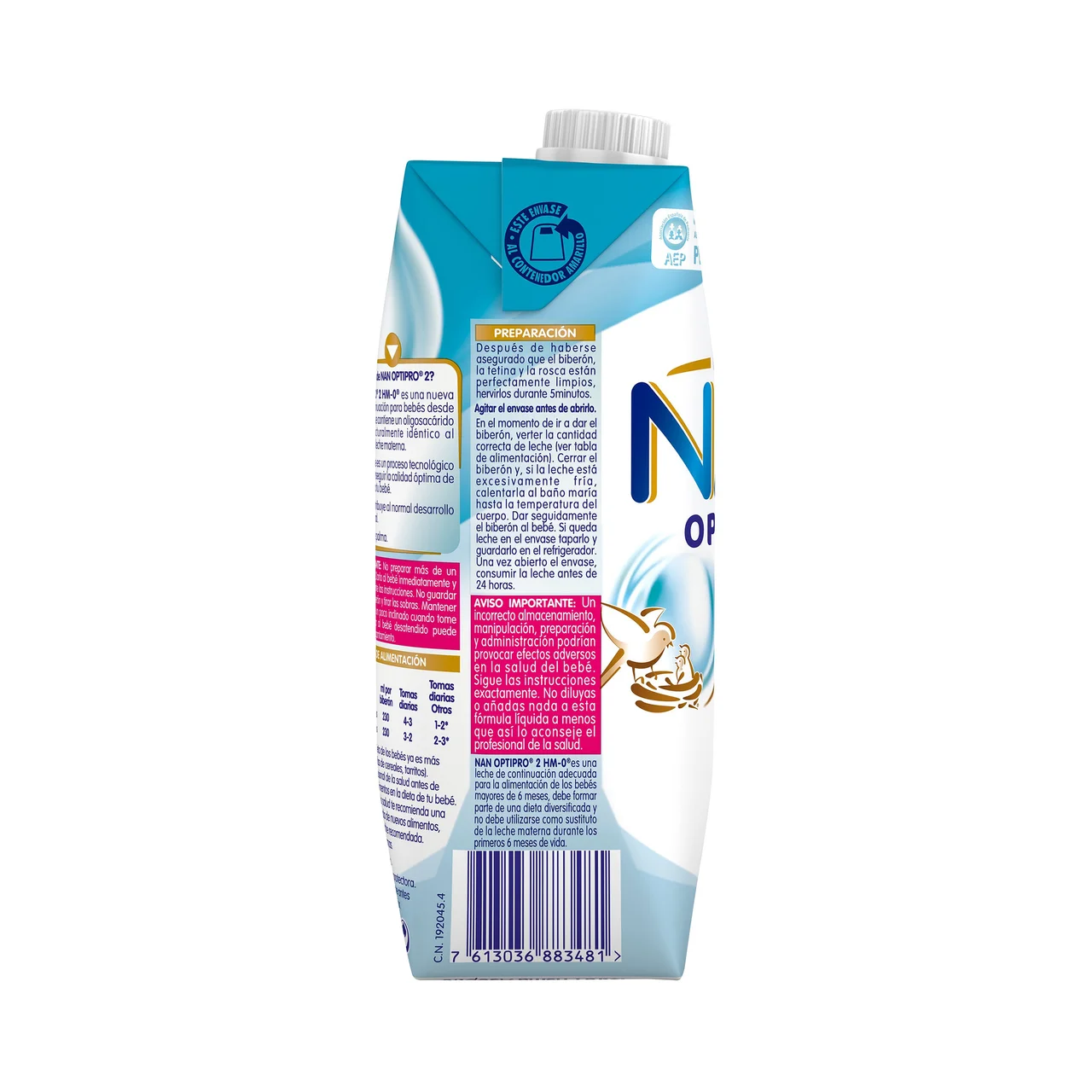 NAN Leche (2) infantil de continuación premium, sin aceite de palma y a partir de 6 meses NAN Optipro 500 ml.