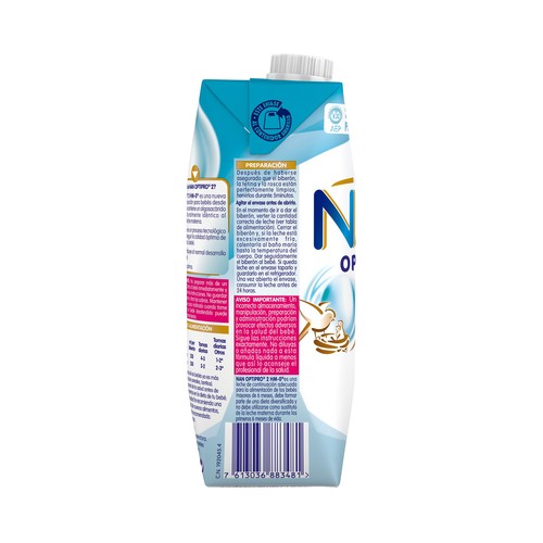 NAN Leche (2) infantil de continuación premium, sin aceite de palma y a partir de 6 meses NAN Optipro 500 ml.