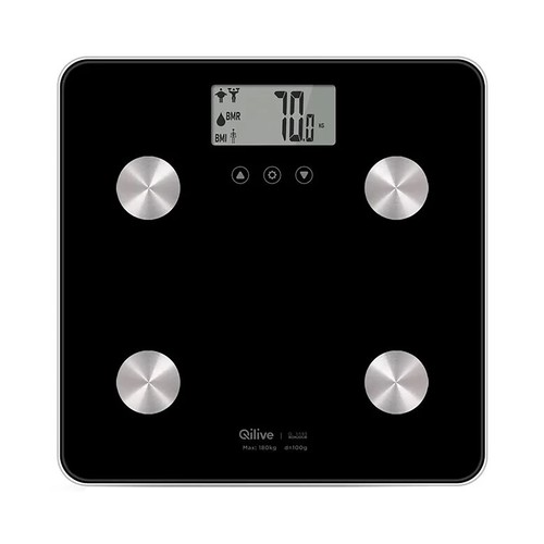 Báscula electrónica QILIVE Q.5593 de color negro, con base de cristal templado y pantalla.