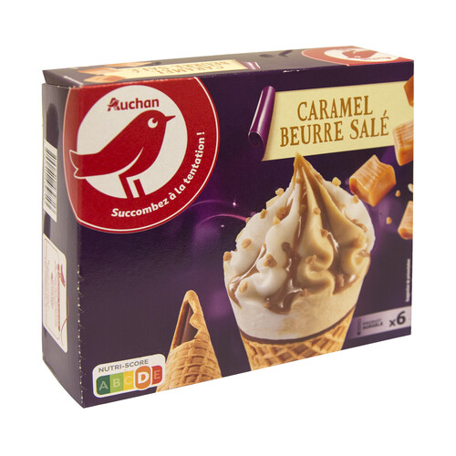 AUCHAN Conos de helado de vainilla con caramelo de mantequilla salada 6 x 120 ml. Producto Alcampo