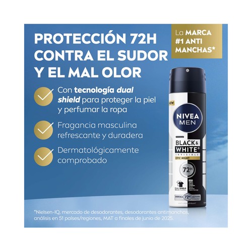 NIVEA Black & white invisible epic night Desodorante en spray para hombre, antitranspirante 72 horas 250 ml.