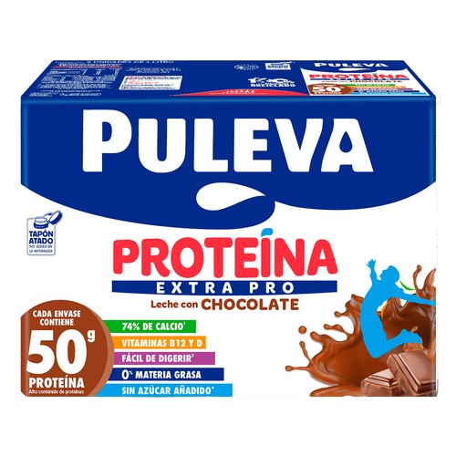 PULEVA Proteína extra pro Leche con chocolate, rica en calcio y proteinas 6 x 1 l.