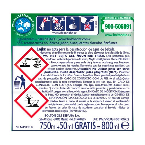 WC NET Gel limpiador WC aroma verde eucalipto 750 ml.