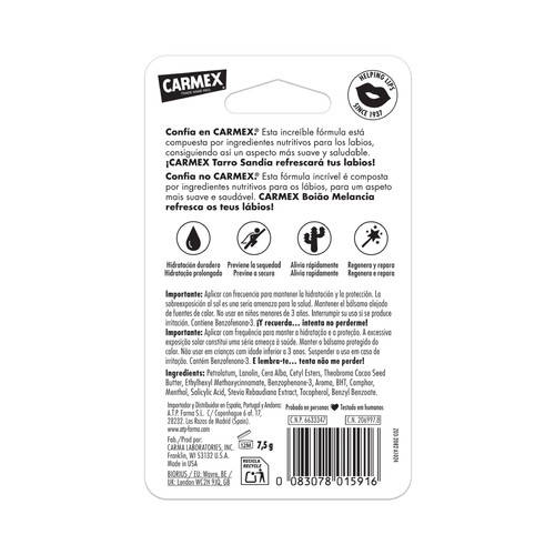 CARMEX Protector labial hidratante con FPS 15, sabor sandía.