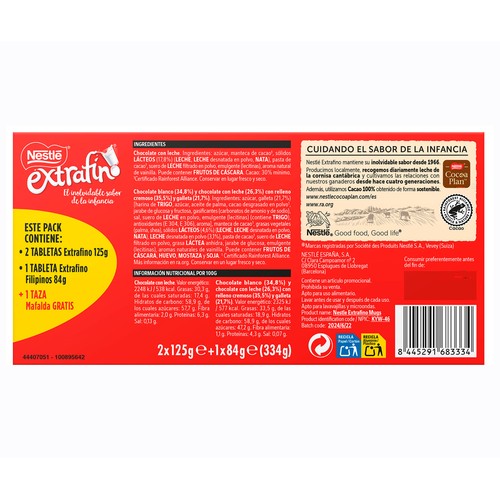 NESTLÉ Lote de tres tabletas de chocolate extrafino con una taza de Mafalda  334 gr.