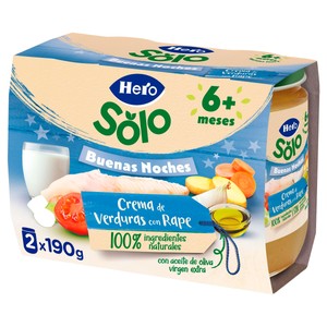 Imagen de HERO Solo buenas noches Tarrito de crema de verduras con rape (textura con trocitos), a partir de 8 meses 2 x 190 g.