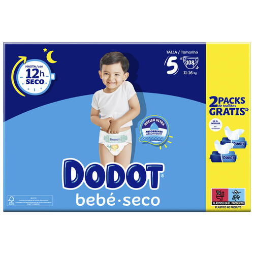 Dodot Bebé-Seco Pañales Talla 5, (11-16kilos), 2x26 Pañales + toallitas  Dodot Activity 108 uds