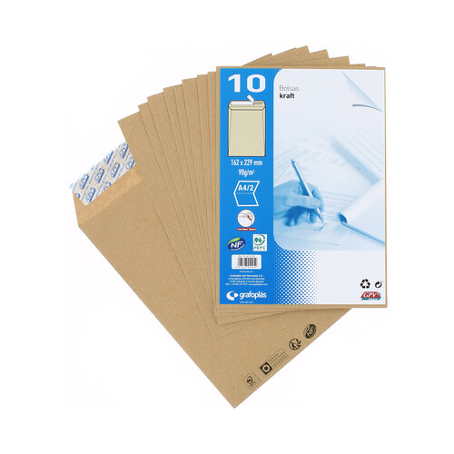 Paquete de 10 sobres de papel Kraft de tamaño 162 x 229 mm, peso de 90 g/m² y de color marrón GPV.