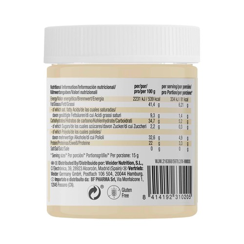 WEIDER Crema proteica con proteína de suero- Con edulcorante. Sabor chocolate blanco whey protein 16 uds. 250 g.
