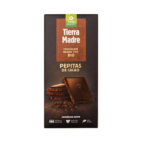 Chocolate negro 70 % cacao con pepitas de chocolate ecológico INTERMÓN OXFAM TIERRA MADRE 100 g.
