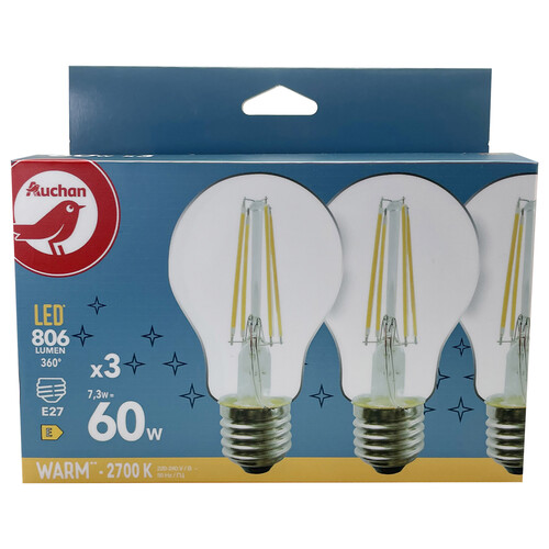 Pack de 3 bombillas estándar, E27,60W, luz cálida, PRODUCTO ALCAMPO.