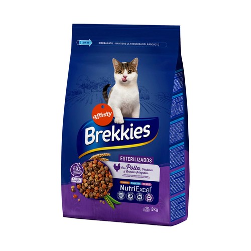 BREKKIES Pienso para gatos esterilizados a base de pollo y cereales integrales3 kg.