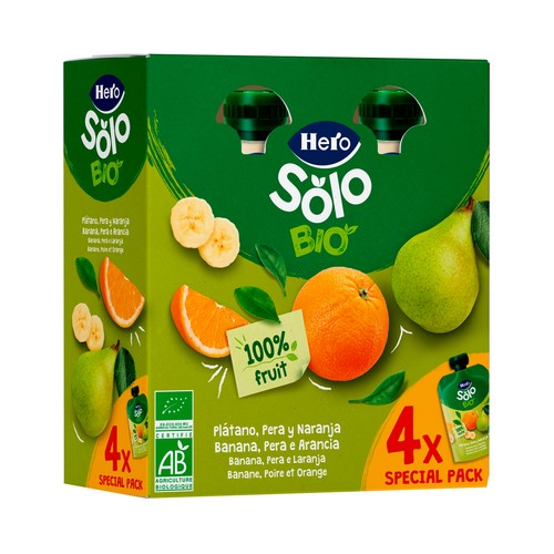HERO Solo Bio Bolsitas de fruta (plátano, pera y naranja) ecológicas, a partir de 6 meses 4 x 100 g.