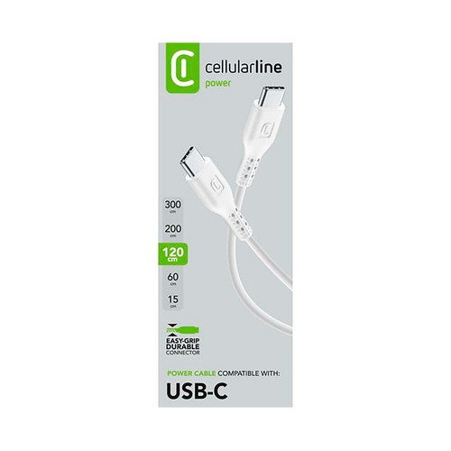 Cable de datos USB-C a USB-C de 120cm, color blanco, CELLULAR LINE