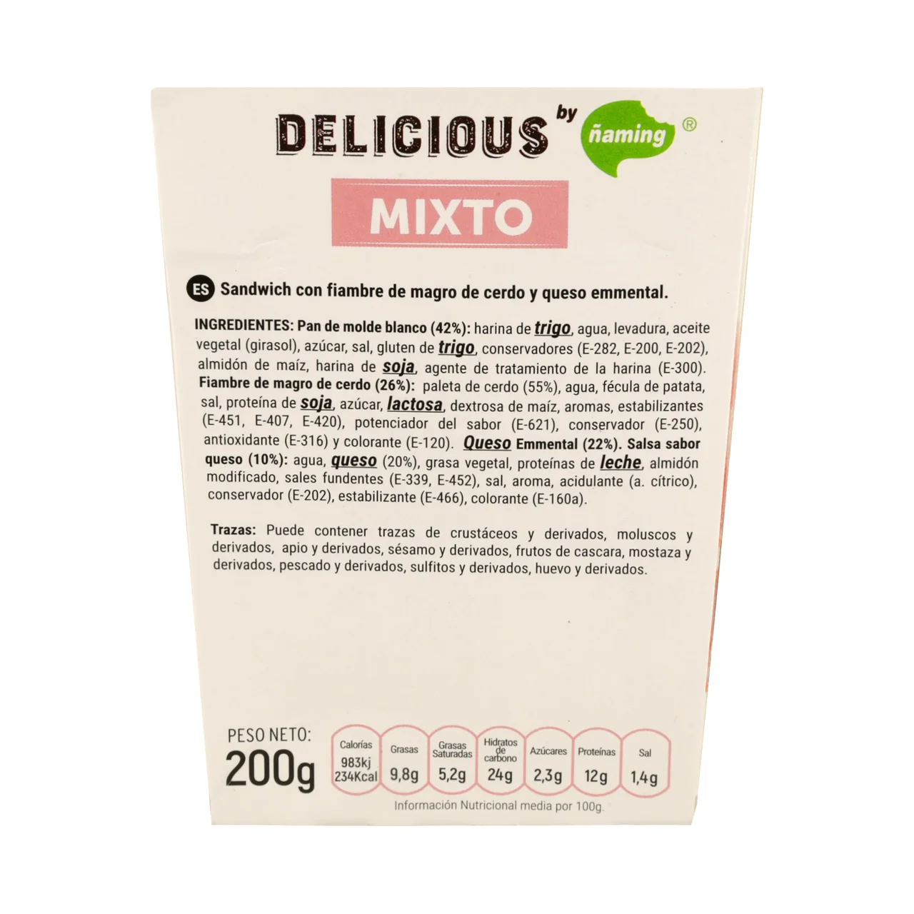 ÑAMING Sandwich de pan blanco con fiambre de magro de cerdo y queso Emmental ÑAMING Delicious 200 g.