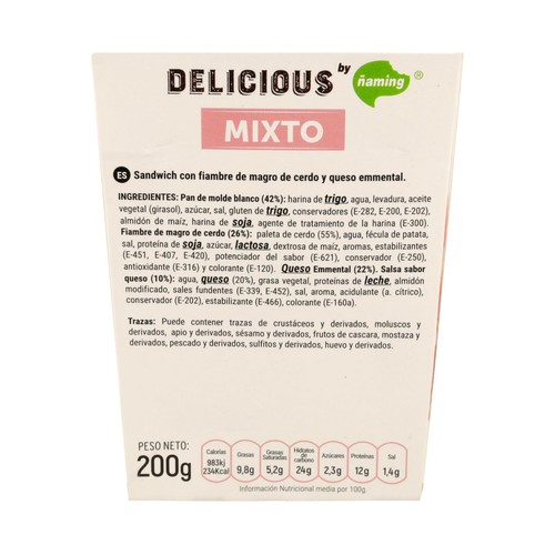 ÑAMING Sandwich de pan blanco con fiambre de magro de cerdo y queso Emmental ÑAMING Delicious 200 g.